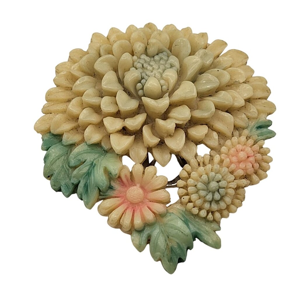 Vtg Celluloid Floral Dress Clip-On Brooch Pastel Colored Flowers & Leaves Design